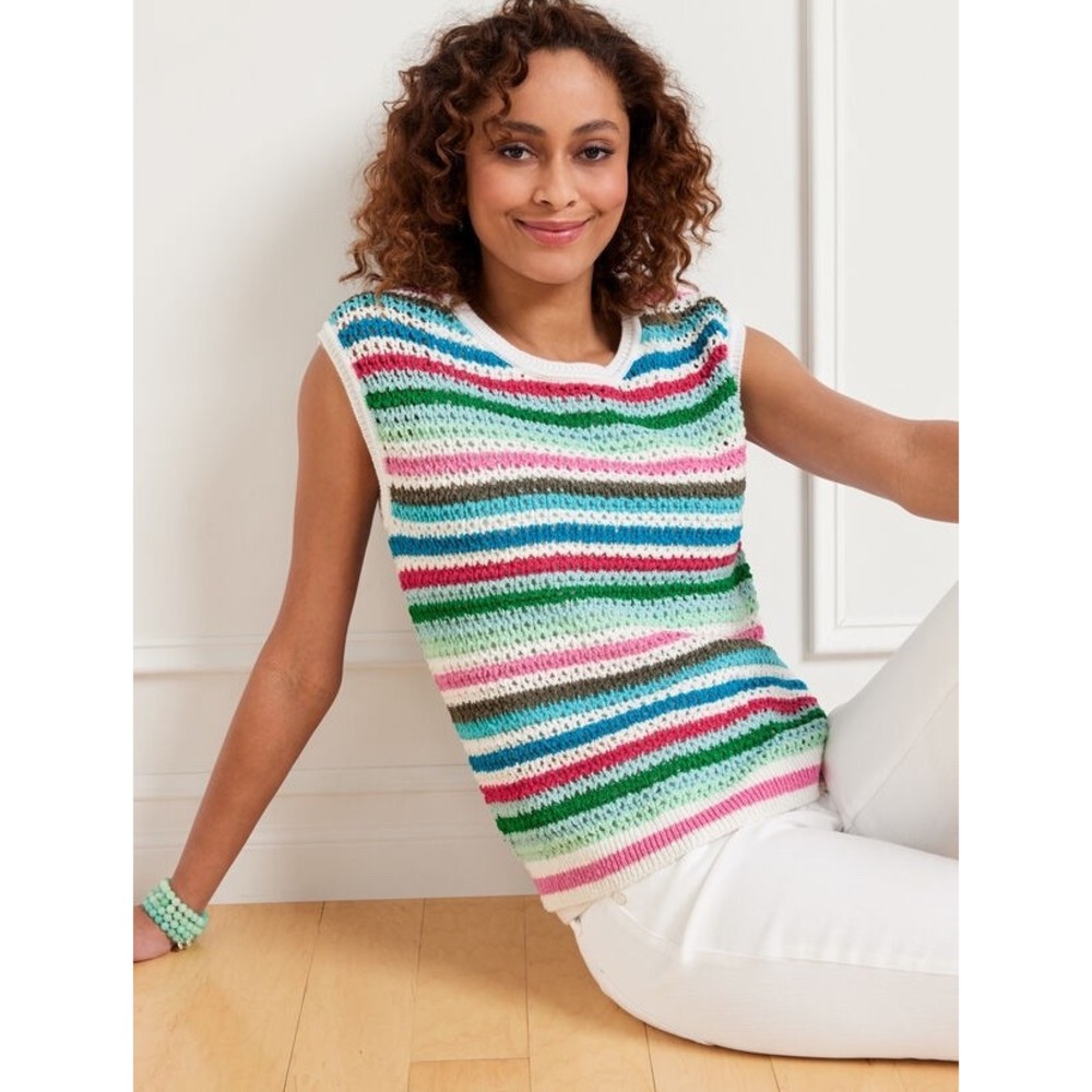 Talbots Sweater Vest Women SP Multicolor Striped Crochet Open Knit Sleeveless
